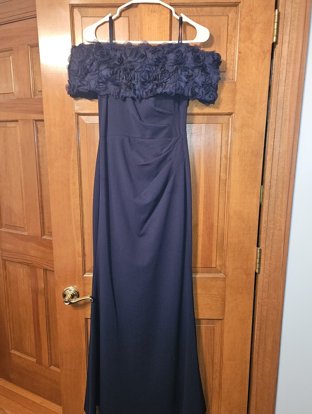 Eliza J Off-Shoulder Navy Evening Gown with Floral Bodice